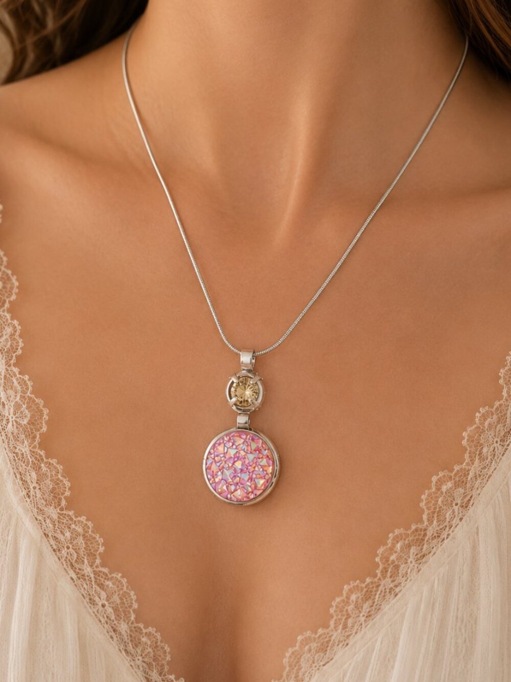 Crystal Rhinestone Snap Necklace Blue Rhinestone & Pink Druzy Silver